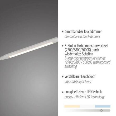 JUST LIGHT LED stojací svítidlo bílé 3 krokové CCT, dotykový stmívač, nastavitelná hlava 2700-5000K