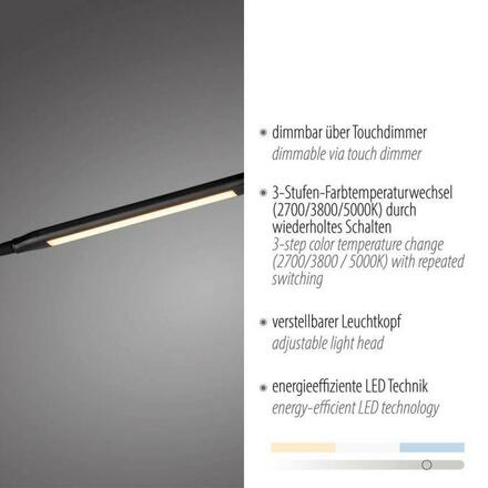 JUST LIGHT LED stojací svítidlo černé 3 krokové CCT, dotykový stmívač, nastavitelná hlava 2700-5000K