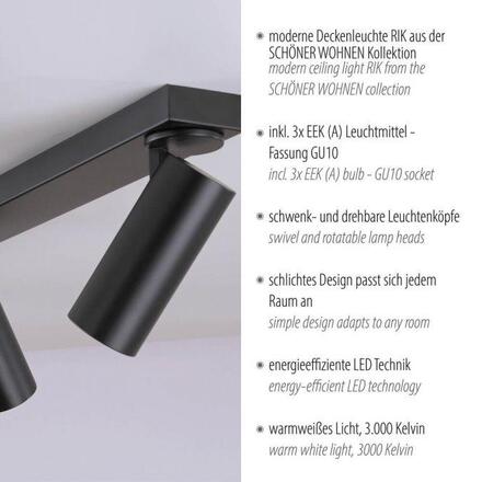 JUST LIGHT Kolekce Schöner Wohnen LED stropní svítidlo RIK, černé, 3-ramenné, otočné 3000K
