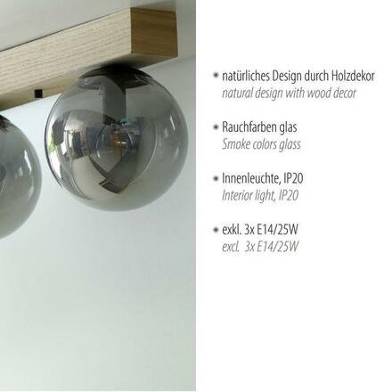 LEUCHTEN DIREKT is JUST LIGHT stropní svítidlo 3 ramenné dřevo kouřová barva v udržitelném designu IP20 LD 11393-79