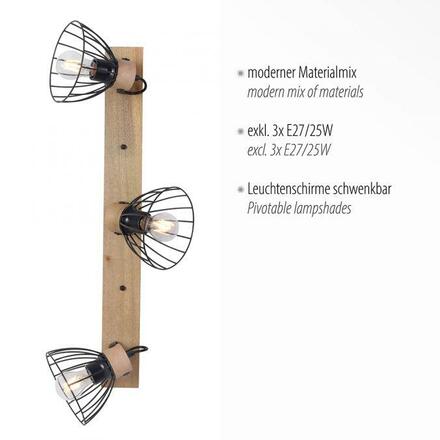 LEUCHTEN DIREKT is JUST LIGHT stropní svítidlo LAMI, 3 ramenné, dřevo, černé kovové stínítko, otočné