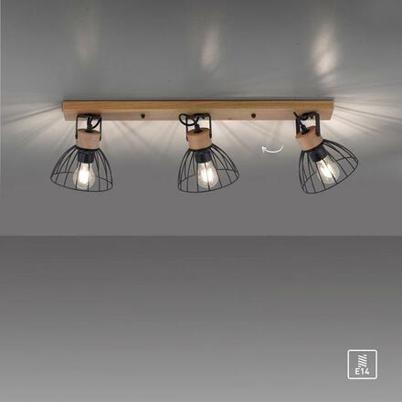 LEUCHTEN DIREKT is JUST LIGHT stropní svítidlo LAMI, 3 ramenné, dřevo, černé kovové stínítko, otočné