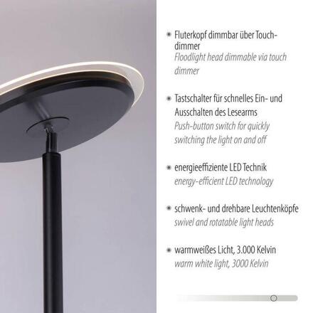 JUST LIGHT LED stojací svítidlo, černé, stmívatelné, dotykové ovládání, lampička na čtení, nepřímé osvětlení, nastavitelná hlava 3000K