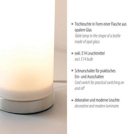 JUST LIGHT Stolní lampa BOTTLE, bílá, opálové sklo, tvar láhve, šňůrový vypínač