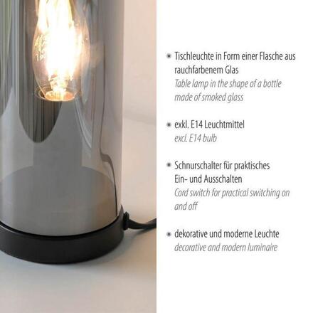 JUST LIGHT Stolní lampa BOTTLE, kouřová barva, tvar láhve, kouřové sklo, šňůrový vypínač