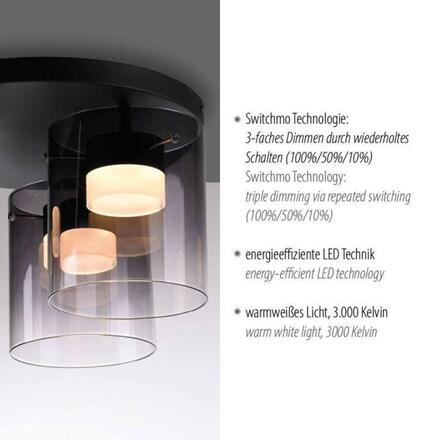 JUST LIGHT LED stropní svítidlo černé kouřové sklo do ložnice, krokově stmívatelné 3000K