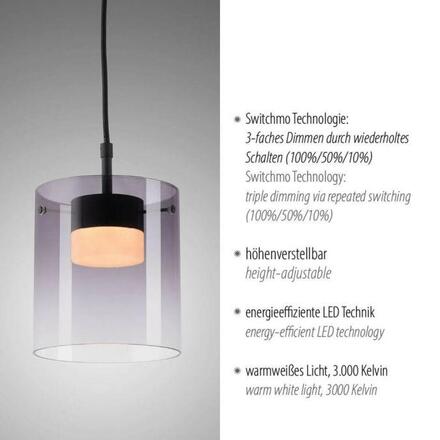 JUST LIGHT LED závěsné svítidlo černé 1-ramenné do jídelny, krokově stmívatelné 3000K