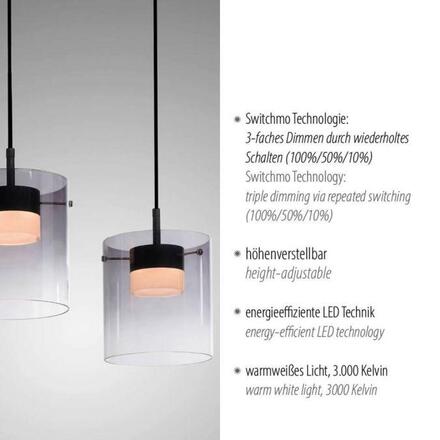 JUST LIGHT LED závěsné svítidlo černé 3-ramenné do jídelny, krokově stmívatelné 3000K