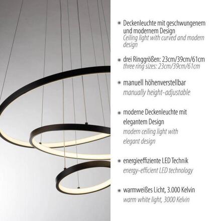 JUST LIGHT LED závěsné svítidlo CERCHI, černá, kruhový tvar, nastavitelná výška 3000K