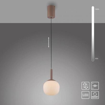 JUST LIGHT LED závěsné svítidlo NAMI, písková barva, Comfort-Lift, paměťová funkce, opálové sklo, SimplyDim 3000K