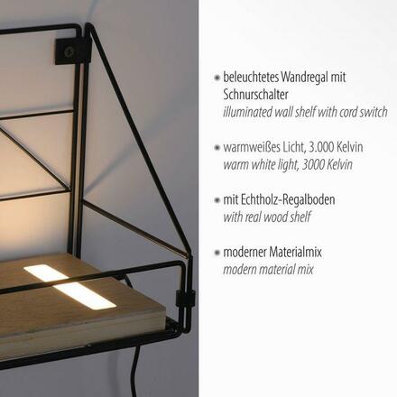 LEUCHTEN DIREKT is JUST LIGHT LED nástěnné svítidlo police 31x16,5x20cm, černé tělo ze dřeva, teplá bílá, vypínač 3000K