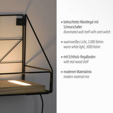 LEUCHTEN DIREKT is JUST LIGHT LED nástěnné svítidlo, police 46x16x20cm, černá, tělo ze dřeva, teplá bílá, vypínač 3000K