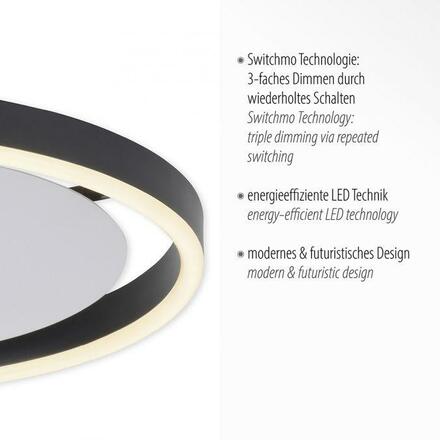 LEUCHTEN DIREKT is JUST LIGHT LED stropní svítidlo antracit, kruhové pr.40cm, stmívatelné, Switchmo, teplá bílá krokově stmívatelné 3000K