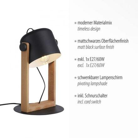 LEUCHTEN DIREKT is JUST LIGHT stolní lampa, černá, šňůrový vypínač, imitace dřeva, industriální design