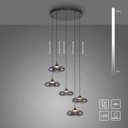JUST LIGHT Kolekce Schöner Wohnen LED závěsné svítidlo POSH, šedé, 5-ramenné, stmívatelné, SimplyDim 3000K