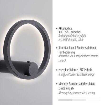 JUST LIGHT LED nástěnné svítidlo antracit stmívatelné dálkovým ovladačem paměťová funkce 3000K