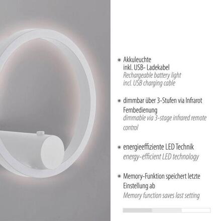 JUST LIGHT LED nástěnné svítidlo na baterie bílé stmívatelné dálkovým ovladačem paměťová funkce 3000K
