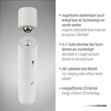 JUST LIGHT LED závěsné svítidlo bílé nastavitelná výška magnetická nabíjecí hlava 3000K LD 18281-16