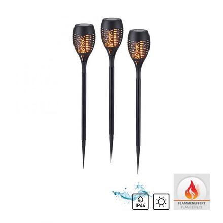 JUST LIGHT Solární pochodeň, svítidlo se zápichem, černé, 3ks sada s efektem plamene 2700K