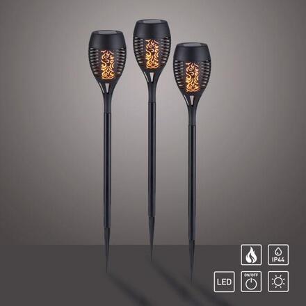 JUST LIGHT Solární pochodeň, svítidlo se zápichem, černé, 3ks sada s efektem plamene 2700K