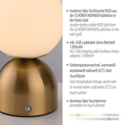 JUST LIGHT Kolekce Schöner Wohnen LED bateriové stolní svítidlo RUDI, zlaté, přes USB 3000-6000K