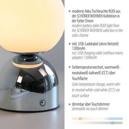 JUST LIGHT Kolekce Schöner Wohnen LED bateriové stolní svítidlo RUDI, chrom, nabíjecí přes USB 3000-6000K
