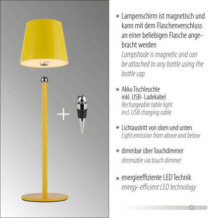 JUST LIGHT Nabíjecí svítidlo na láhev, s přídavnou nohou, žlutá 3000K
