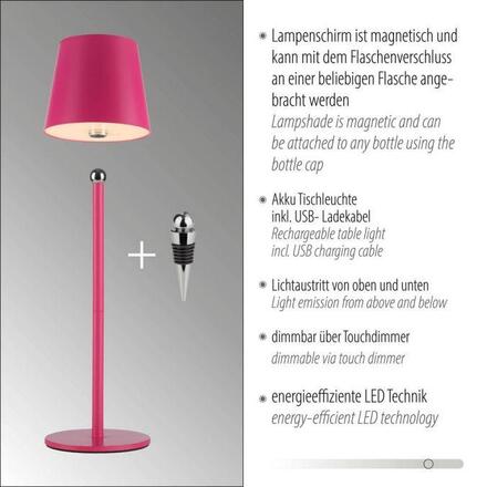 JUST LIGHT Nabíjecí svítidlo na láhev, s přídavnou nohou, růžová 3000K