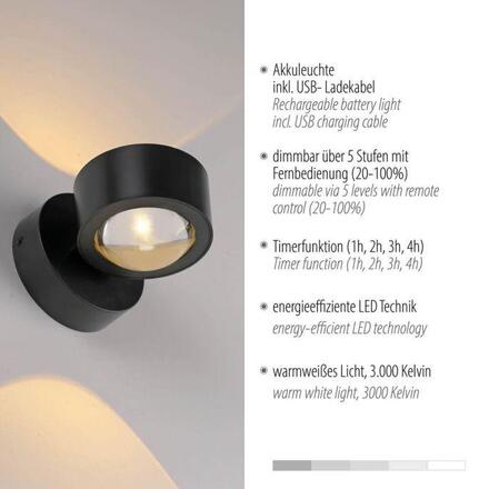 JUST LIGHT LED nástěnné svítidlo na baterie AKKU-CHIA, černé, 3000K