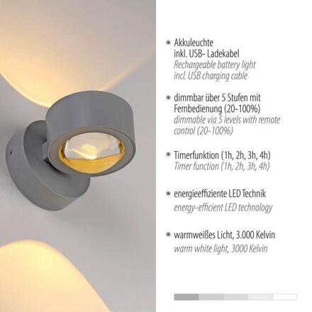 JUST LIGHT LED nástěnné svítidlo na baterie AKKU-CHIA, stříbrná 3000K