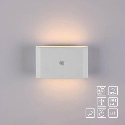 JUST LIGHT LED nástěnné svítidlo na baterie AKKU-ZIDDY, bílá, IP44, nabíjecí, pohybové čidlo 3000K