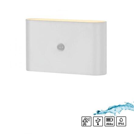 JUST LIGHT LED nástěnné svítidlo na baterie AKKU-ZIDDY, bílá, IP44, nabíjecí, pohybové čidlo 3000K