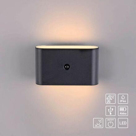 JUST LIGHT LED nástěnné svítidlo na baterie AKKU-ZIDDY, černé, pohybové čidlo, nabíjecí 3000K