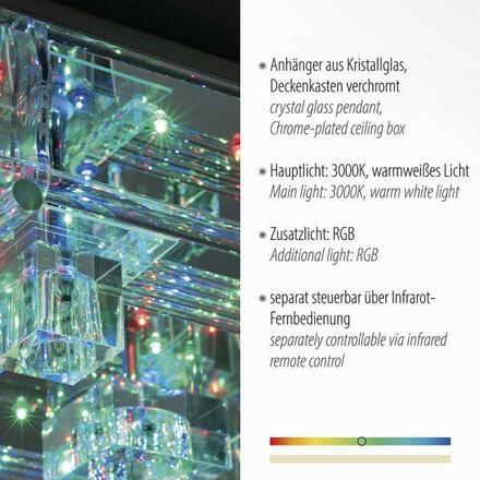 LEUCHTEN DIREKT is JUST LIGHT LED stropní svítidlo KEMAL 2.0, křišťálové sklo, chrom, teplá bílá, dálkový ovladač RGB+3000K