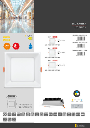 Ecolite SMD čtverec 12cm 12W CCT IP20 1560lm LED-IN01S-UGR/CCT/12W