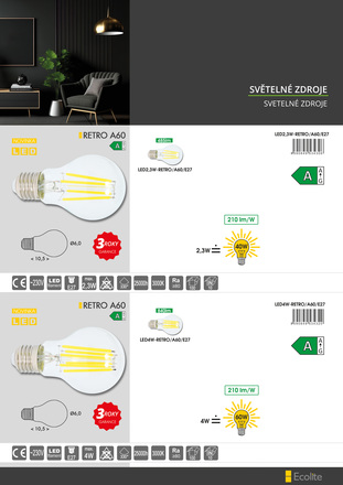 Ecolite LED zdroj E27 A60 4W 3000K 840lm LED4W-RETRO/A60/E27