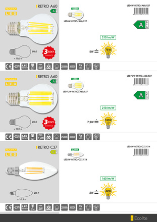 Ecolite LED zdroj E27 A60 5W 3000K 1055lm LED5W-RETRO/A60/E27