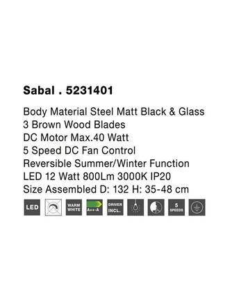 NOVA LUCE stropní ventilátor se světlem SABAL tělo z oceli matná černá a sklo 3ABS dřevěné listy 12W 3000K 5231401