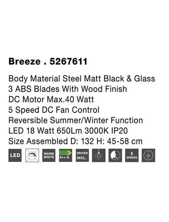 NOVA LUCE stropní ventilátor se světlem BREEZE tělo z oceli matná černá a sklo 3ABS dřevěné listy LED 18W 3000K 5267611