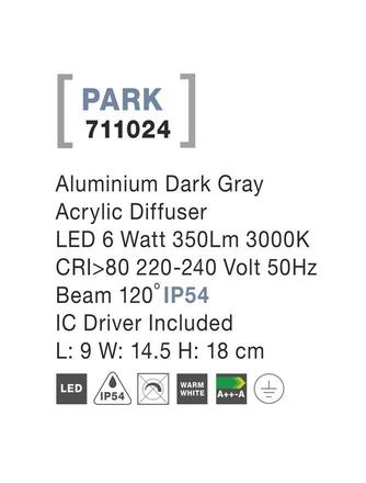 NOVA LUCE venkovní nástěnné svítidlo PARK hliník tmavě šedá akrylový difuzor LED 6W 3000K 220-240V 120st. IP54 AC vč. driveru 711024