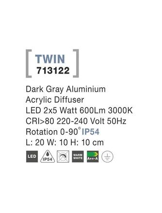 NOVA LUCE venkovní nástěnné svítidlo TWIN tmavě šedý hliník akrylový difuzor LED 2x5W 3000K 220-240V rotační 0-90st. IP54 713122