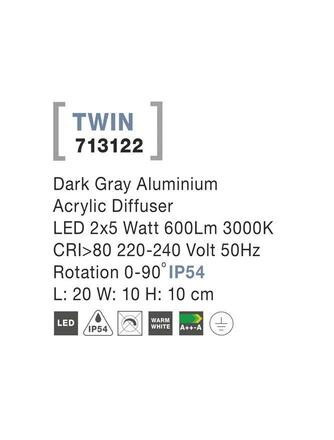 NOVA LUCE venkovní nástěnné svítidlo TWIN tmavě šedý hliník akrylový difuzor LED 2x5W 3000K 220-240V rotační 0-90st. IP54 713122