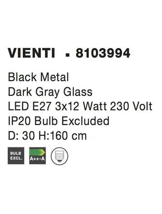 NOVA LUCE závěsné svítidlo VIENTI tmavě šedé sklo a černý kov E27 3x12W 230V IP20 bez žárovky 8103994