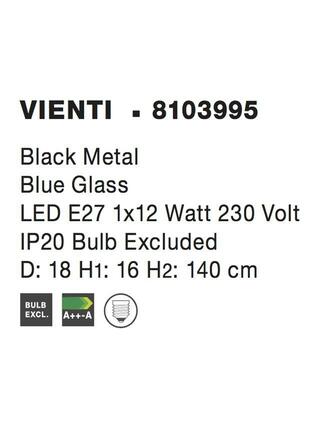 NOVA LUCE závěsné svítidlo VIENTI modré sklo a černý kov E27 1x12W 230V IP20 bez žárovky 8103995