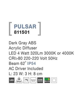 NOVA LUCE venkovní nástěnné svítidlo PULSAR tmavě šedý ABS akrylový difuzor LED 4W 3000K nebo 4000K 220-220V 62st. IP54 811501