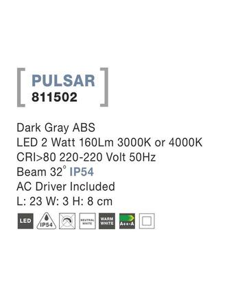 NOVA LUCE venkovní nástěnné svítidlo PULSAR tmavě šedý ABS LED 2W 3000K 220-220V 32st. IP54 811502