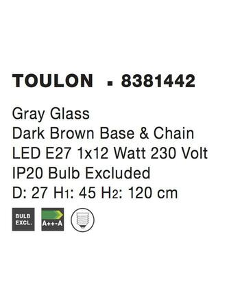 NOVA LUCE závěsné svítidlo TOULON šedé sklo tmavě hnědá základna a řetěz E27 1x12W IP20 bez žárovky 8381442