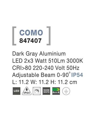 NOVA LUCE venkovní nástěnné svítidlo COMO tmavě šedý hliník LED 2x3W 3000K 3000K 220-240V nastavitelný úhel 0-90st. IP54 847407
