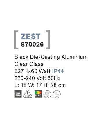 NOVA LUCE venkovní nástěnné svítidlo ZEST černý litý hliník čiré sklo E27 1x12W 220-240V IP54 bez žárovky 870026