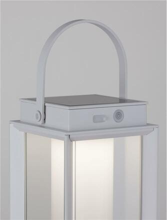 NOVA LUCE venkovní stolní lampa VERHAAL bílý hliník a čiré sklo LED 2W 3000K 3,7V 360st. IP54 solární / USB kabel / vypínač na těle 9002861